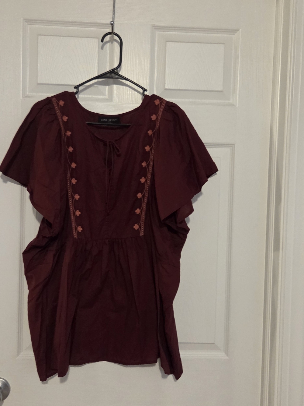 Lane Bryant Burgundy Embroidered Flutter-Sleeve Blouse
